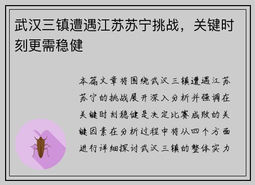 武汉三镇遭遇江苏苏宁挑战，关键时刻更需稳健